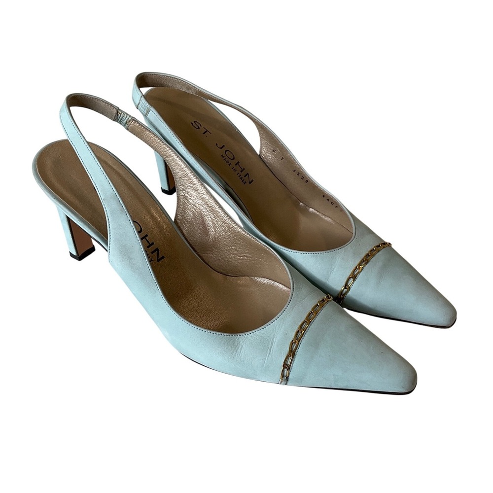 St. John Slingback‎ Heel Nappa Leather Pointed Toe Light Blue Gold Chain Italy 7
